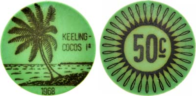 Лот №96,  Кокосовые (Килинг) острова. Австралийское правление. Правитель Джон Сесил Клуниз-Росс. 50 центов 1968 года.