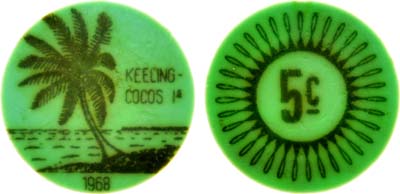 Лот №97,  Кокосовые (Килинг) острова. Австралийское правление. Правитель Джон Сесил Клуниз-Росс. 5 центов 1968 года.