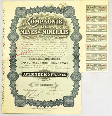 Лот №149,  Бельгия. Акция в 100 франков 1928 года. Компания по добыче полезных ископаемых.