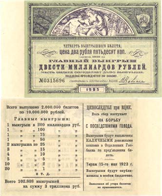 Лот №175,  СССР. Лотерейный билет. ЦКПОСЛЕДГОЛ при ВЦИК. 2 рубля 50 копеек дензнаками 1923 года.