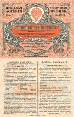 Лот №176,  СССР. Выигрышный билет. Вещевая лотерея Деткомиссии при ВЦИК. Цена 50 копеек. 1927 год.