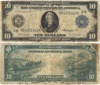 Лот №548,  США. 10 долларов 1914 года. Federal reserve note. Серебряный сертификат. Серия 2-В (Нью-Йорк, Штат Нью-Йорк). Подписи Burke/Houston.