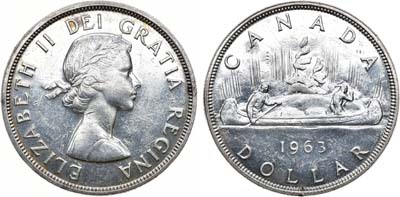 Лот №113,  Канада. Королева Елизавета II. 1 доллар 1963 года. Каноэ.