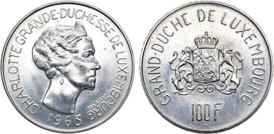 Лот №137,  Люксембург. Великое Герцогство. Великая герцогиня Шарлотта. 100 франков 1963 года..