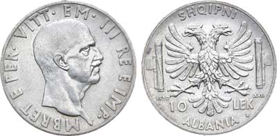 Лот №27,  Албания. Итальянская оккупация. Король Виктор Эммануил III. 10 лек 1939 года.