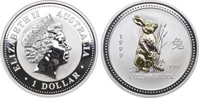 Лот №6,  Австралия. 1 доллар 1999 года. Серия Китайский гороскоп - Год Кролика (позолоченный кролик).