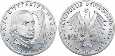 Лот №89,  ФРГ (Федеративная Республика Германия). 10 марок 1994 года. 250 лет со дня рождения Иоганна Готфрида Гердера.