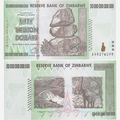 Лот №422,  Зимбабве. Резервный банк Зимбабве 50 триллионов (50000000000000) долларов 2008 года. Балансирующие скалы.