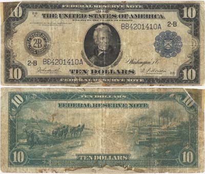 Лот №431,  США. 10 долларов 1914 года. Federal reserve note. Серебряный сертификат. Серия 2-В (Нью-Йорк, Штат Нью-Йорк). Подписи Burke/Houston.