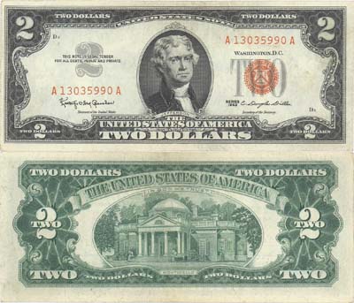 Лот №434,  США. Казначейство Соединённых штатов. 2 доллара 1963 года. Президент Томас Джефферсон. Красная серия.