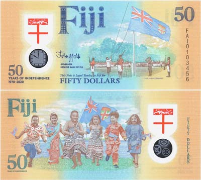 Лот №443,  Фиджи. Резервный банк Фиджи. 50 долларов 2020 года. Юбилейная. 50-летие независимости от Британии (1970-2020).