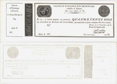 Лот №445,  Франция. Руан. Обменная касса в Руане. Чек на 400 солей 1798 года (Caisse d'Echange des Monnaies, 400 Sols). Незаполненный с корешком.