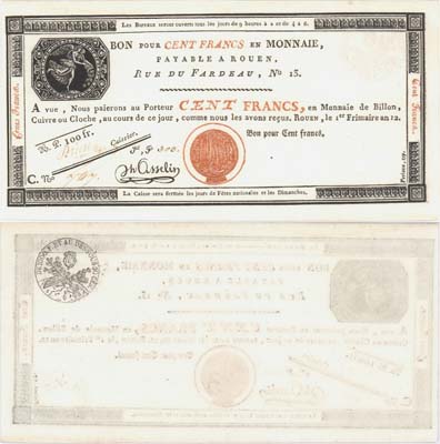 Лот №446,  Франция. Руан. Обменная касса, Руан. Чек на 100 франков 1803 года.  (Caisse d'Echange des Monnaies, 100 francs). Заполненный, без корешка.