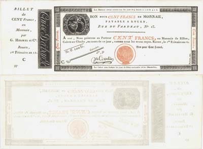 Лот №447,  Франция. Руан. Обменная касса, Руан. Чек на 100 франков 1803 года. (Caisse d'Echange des Monnaies, 100 francs). Незаполненный с корешком.