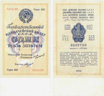 Лот №75,  СССР. 1 рубль золотом 1924 года. Сокольников/Богданов. Водяной знак узкий.