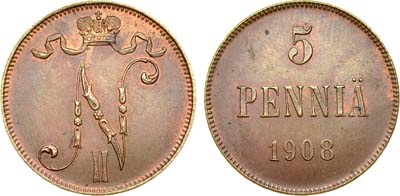 Лот №1023, 5 пенни 1908 года.