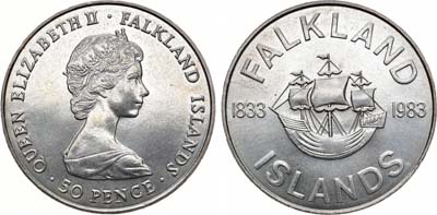 Лот №146,  Фолклендские острова. Британское содружество. Елизавета II. 50 пенсов 1983 года. 150 лет Британскому управлению.