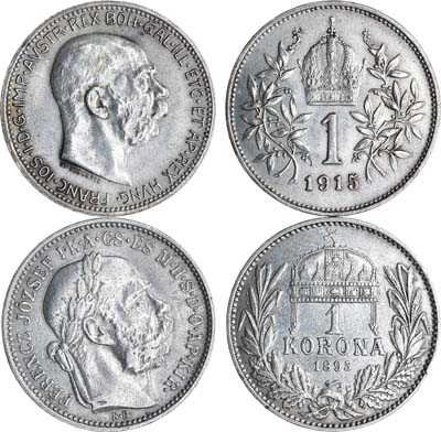 Лот №189,  Австро-Венгерская империя. Сборный лот из 2 монет по 1 кроне 1915 и 1895 гг.
