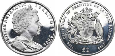 Лот №18,  Британские Антарктические территории. Британские территории. Елизавета II. 2 фунта 2008 года. 100 лет предоставлению патентного письма.