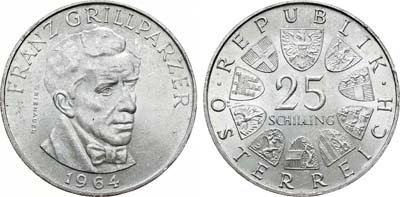 Лот №196,  Австрия. Вторая республика. 25 шиллингов 1964 года. Франц Грильпарцер.