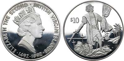 Лот №19,  Британские Виргинские острова. Британское содружество. Елизавета II. 10 долларов 1992 года. 500 лет Открытию Америки.