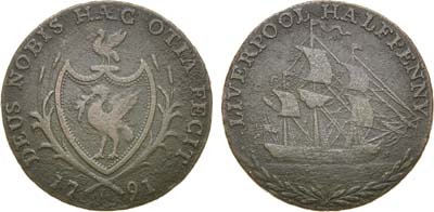 Лот №22,  Великобритания. Британская империя. Георг III. 1/2 пенни 1791 года. Lancashire - Liverpool / Парусный корабль. Токен Кондера.