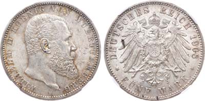 Лот №249,  Германская Империя. Королевство Вюртемберг. Король Вильгельм II. 5 марок 1908 года .В слабе ННР MS 62.