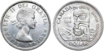 Лот №276,  Канада. Доминион Великобритании. Королева Елизавета II. 1 доллар 1958 года. 100 лет со дня основания Британской Колумбии.