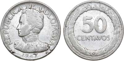Лот №281,  Колумбия. Республика. 50 сентаво 1947 года (B).