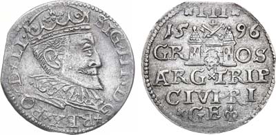 Лот №305,  Речь Посполитая. Король польский и великий князь литовский Сигизмунд III Ваза. 3 гроша (трояк) 1596 года.