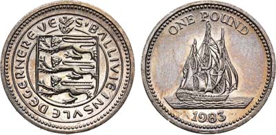 Лот №36,  Гернси. Британские территории. Елизавета II.  1 фунт 1983 года. Парусник.