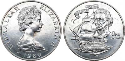 Лот №37,  Гибралтар. Британские территории. Елизавета II. 1 крона 1980 года. 175 лет со дня смерти адмирала Горацио Нельсона.