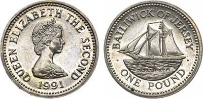Лот №46,  Джерси. Британские территории. Елизавета II. 1 фунт 1991 года. Корабли - Шхуна 