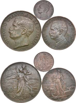 Лот №50,  Италия. Королевство. Король Виктор Эммануил III. Сборный лот из 3 монет (1909-1912 гг.).