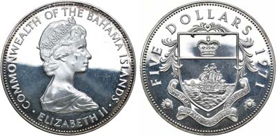 Лот №5,  Багамские острова. Британское содружество. Елизавета II. 5 долларов 1971 года. Герб.