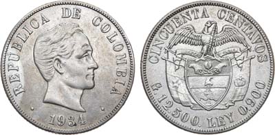 Лот №60,  Колумбия. Республика. 50 сентаво 1934 года.