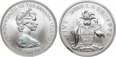 Лот №6,  Багамские острова. Британское содружество. Елизавета II. 5 долларов 1972 года. Герб.