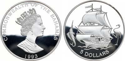 Лот №7,  Багамские острова. Британское содружество. Елизавета II. 5 долларов 1993 года. История парусников.