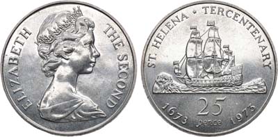 Лот №82,  Остров Святой Елены. Британские территории. Елизавета II. 25 пенсов 1973 года. 300 лет восстановлению британского владения островом.