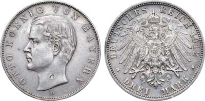Лот №114,  Германская Империя. Королевство Бавария. Король Отто. 3 марки 1912 года.