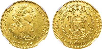Лот №129,  Испания. Королевство. Король Карл III. 2 эскудо 1788 года. В слабе ННР AU det (царапины).