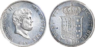 Лот №133,  Италия. Королевство обеих Сицилий. Король Фердинанд II. 120 грано 1857 года. В слабе ННР MS 61.