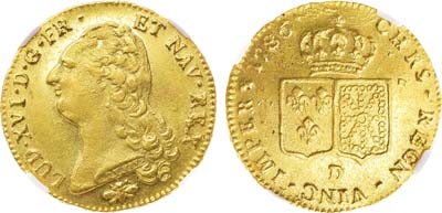 Лот №211,  Королевство Франция. Король  Людовик XVI. 2 луидора 1786 года. В слабе ННР MS 62.