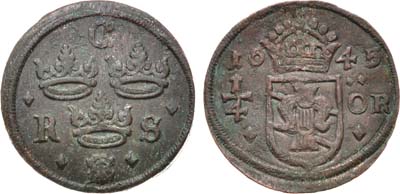 Лот №230,  Королевство Швеция. Королева Кристина. 1/4 эре 1645 года. (RS).