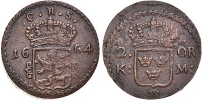 Лот №237,  Королевство Швеция. Король Карл XI. 2 эре 1664 года (C.R.S.).