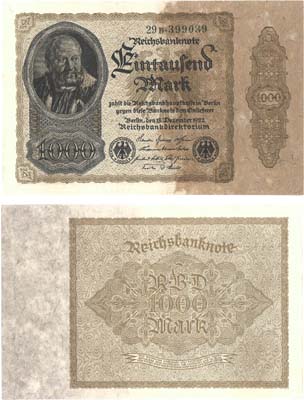 Лот №253,  Германия. Веймарская республика. Рейхсбанк Германской Империи. 1000 марок 1922 года.