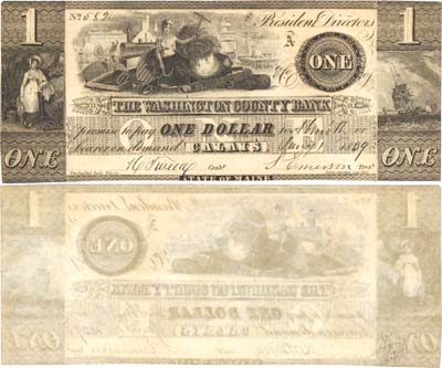 Лот №272,  США. Региональный городской частный выпуск. Эмиссия Вашингтонского земельного банка. Штат Мэн. 1 доллар 1834 года.