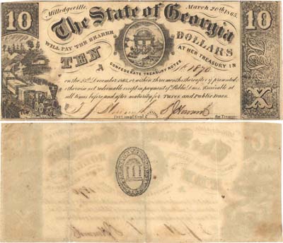 Лот №274,  США. Конфедеративные штаты Америки. Штат Джорджия. 10 долларов 1865 года. Выпуск 25 декабря 1865 года.