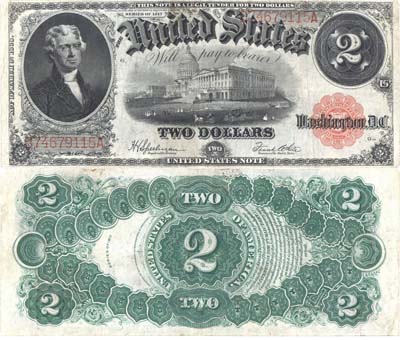 Лот №275,  США. Казначейство Соединённых Штатов. 2 доллара 1917 года. Красная печать. Президент Томас Джефферсон, здание Капитолия.