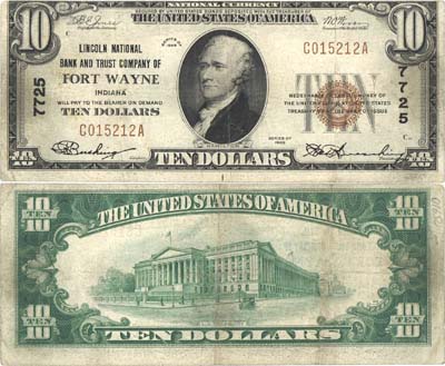 Лот №278,  США. Lincoln National Bank and Trust Company of Fort Wayne. Штат Индиана. 10 долларов 1929 года.